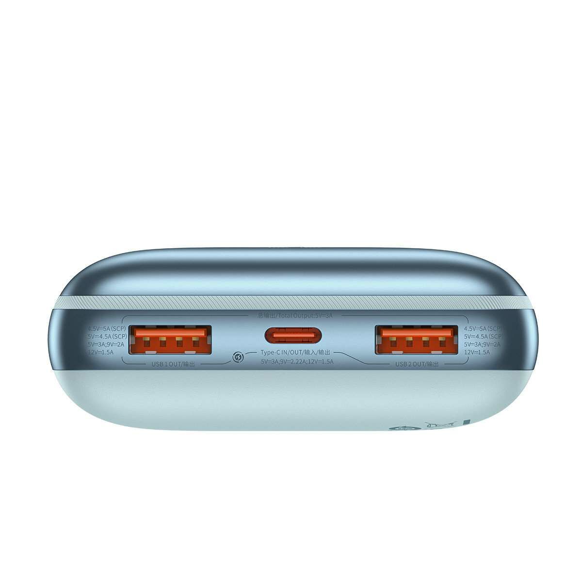 Kép 5/12 - Baseus Pro külső akkumlátor digitális kijelzővel, gyors töltéssel, U+U+C (USB-A-Type-C , 3A, 0,3m kábellel) 22,5W, 20000 mAh, kék (PPBD040303)
