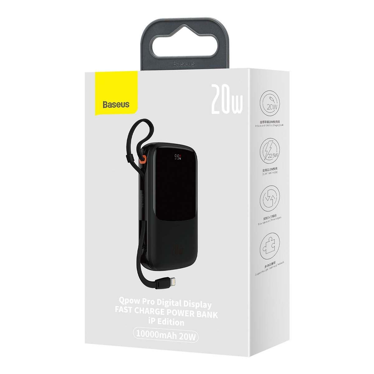 Kép 10/11 - Baseus Qpow külső akkumlátor, digitális kijelzővel, U+C, beépített Lightning kábellel, QC, SCP, AFC, FCP, 20W, 10000 mAh, fekete (PPQD020001)