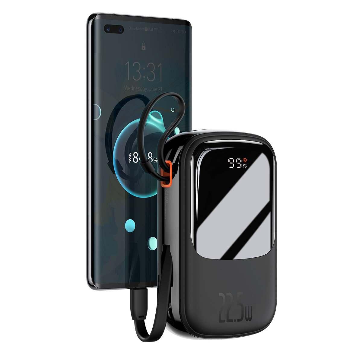 Kép 3/10 - Baseus Qpow külső akkumlátor digitális kijelzővel, beépített USB Type-C kábellel, C+U, QC, SCP AFC FCP 22,5W, 20000 mAh, fekete (PPQD060301)