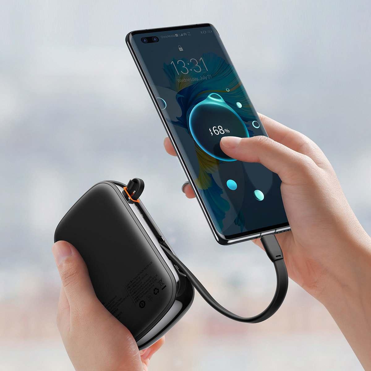 Kép 8/10 - Baseus Qpow külső akkumlátor digitális kijelzővel, beépített USB Type-C kábellel, C+U, QC, SCP AFC FCP 22,5W, 20000 mAh, fekete (PPQD060301)