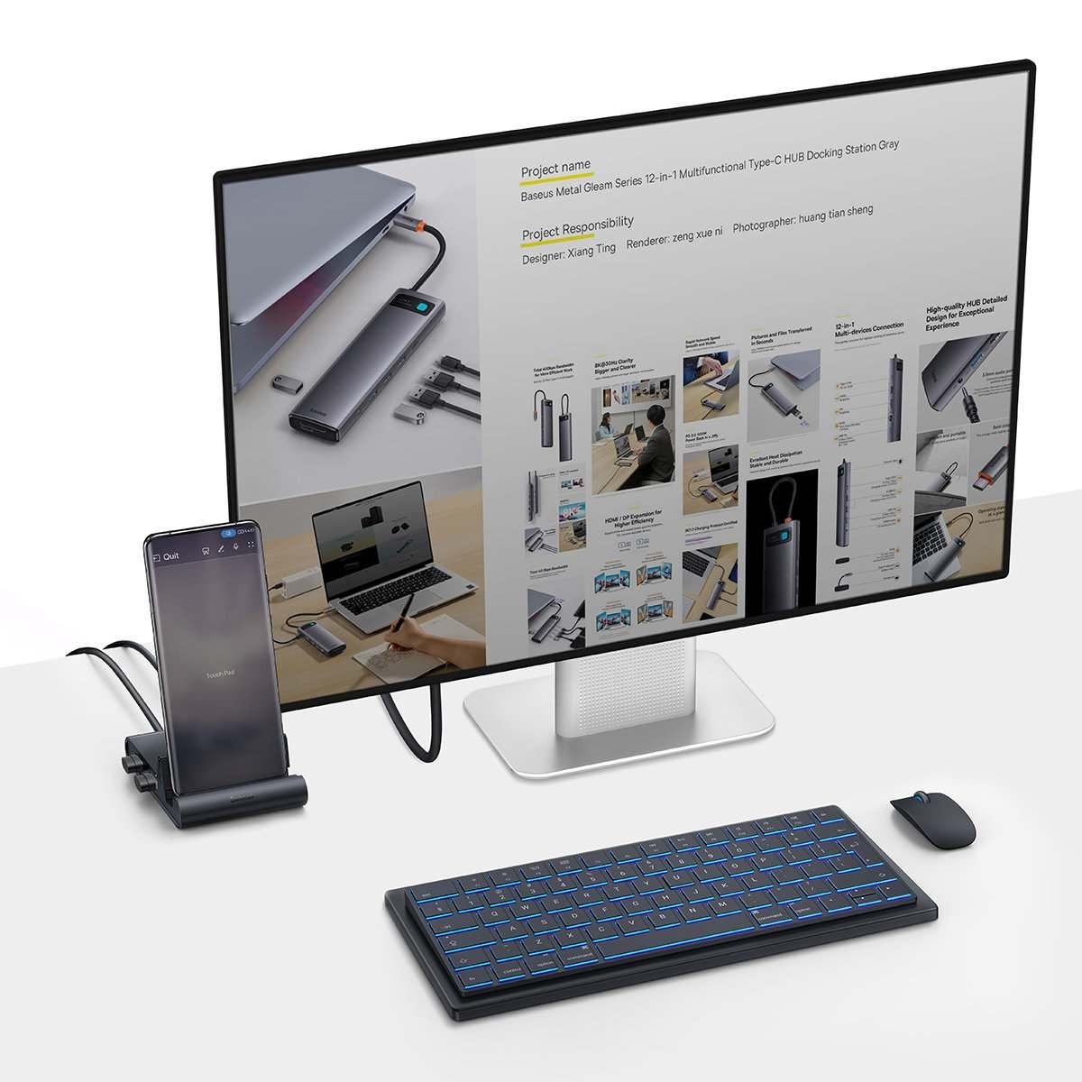 Kép 9/11 - Baseus Mate asztali dokkoló és HUB mobiltelefonokhoz (USB-C-3x USB, HDMI, Type-C, PD, SD/TF) fekete (WKMD000001)
