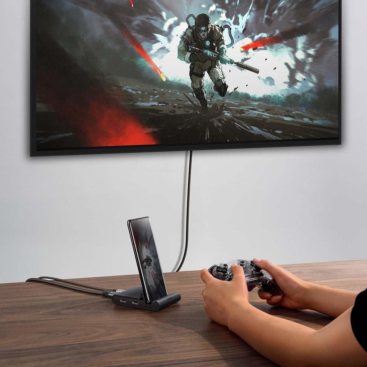 Kép 8/11 - Baseus Mate asztali dokkoló és HUB mobiltelefonokhoz (USB-C-3x USB, HDMI, Type-C, PD, SD/TF) fekete (WKMD000001)