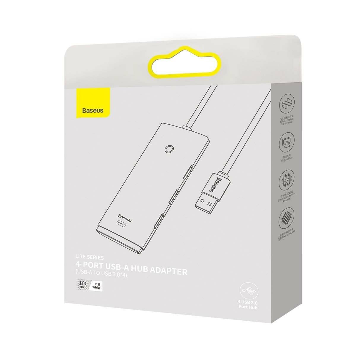 Kép 8/9 - Baseus HUB Lite 4-in-1 adapter (USB-A - 4xUSB-A 3.0 5Gb/s) 1m-es kábellel, fehér (WKQX030102)