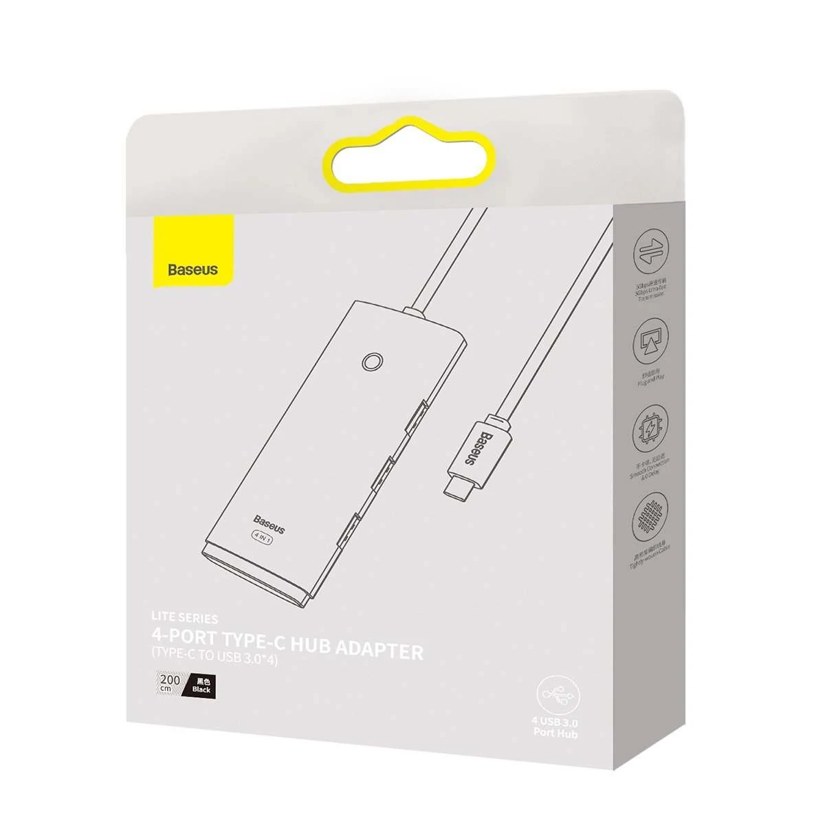 Kép 10/11 - Baseus HUB Lite 4-in-1 adapter (USB-C - 4xUSB-A 3.0 5Gb/s) 2m-es kábellel, fekete (WKQX030501)