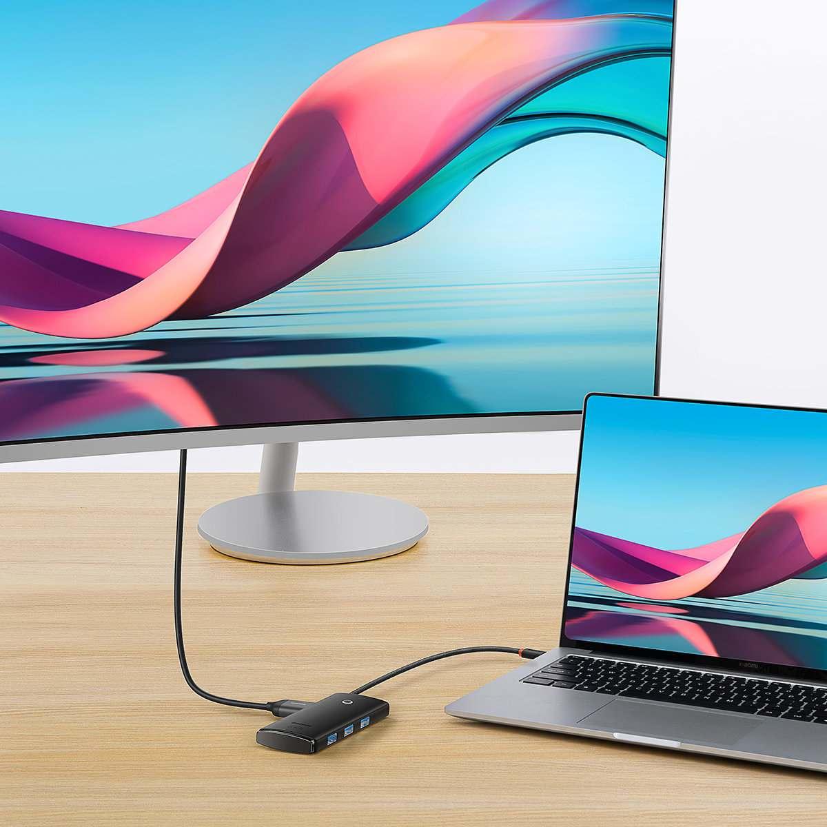 Kép 9/11 - Baseus HUB Lite 5-in-1 adapter (USB-C - 3xUSB-A 3.0 5Gb/s, USB-C, HDMI) 0.2m-es kábellel, fekete (WKQX040001)