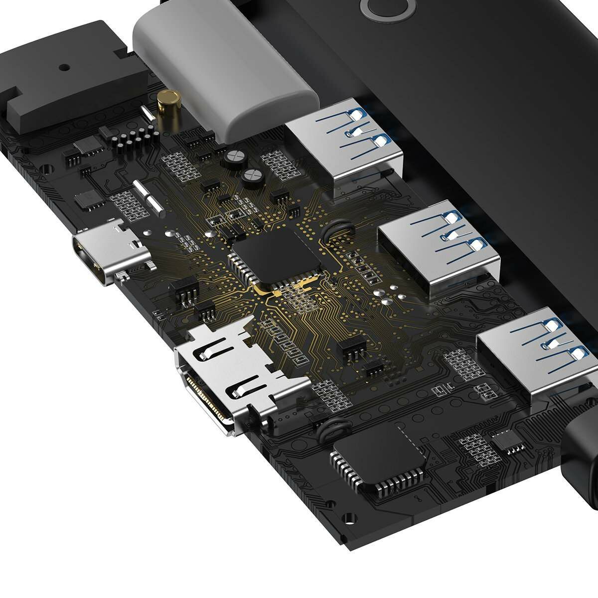 Kép 6/11 - Baseus HUB Lite 5-in-1 adapter (USB-C - 3xUSB-A 3.0 5Gb/s, USB-C, HDMI) 0.2m-es kábellel, fekete (WKQX040001)