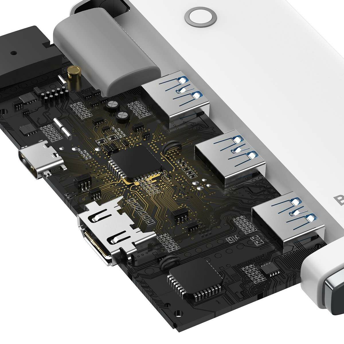 Kép 6/12 - Baseus HUB Lite 5-in-1 adapter (Type-C - 3xUSB-A 3.0 5Gb/s, USB-C, HDMI) 0.2m-es kábellel, fehér (WKQX040002)