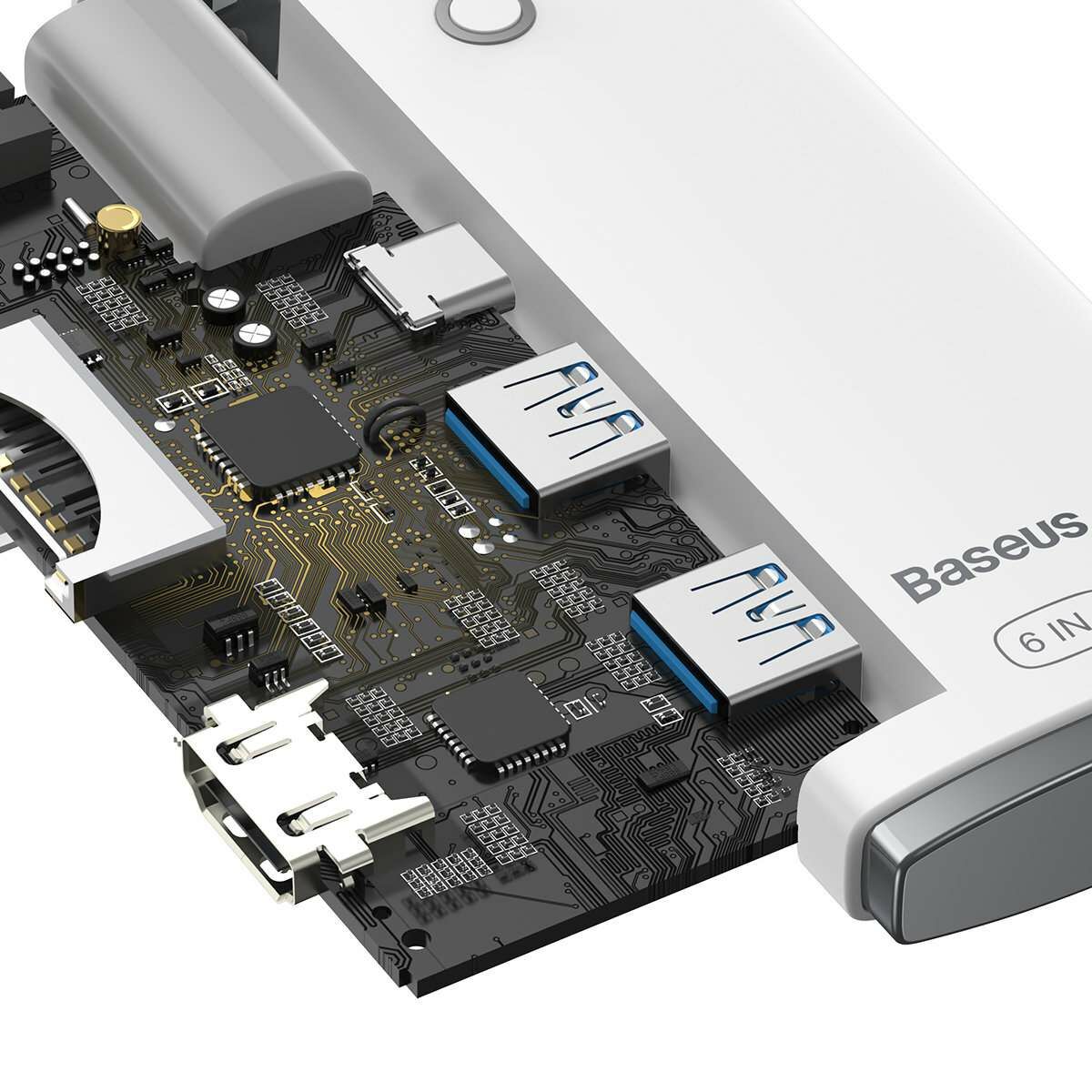 Kép 6/12 - Baseus HUB Lite 5-in-1 adapter (Type-C - 2x USB 3.0 / USB-C / HDMI 1.4 / SD/TF) fehér (WKQX050002)