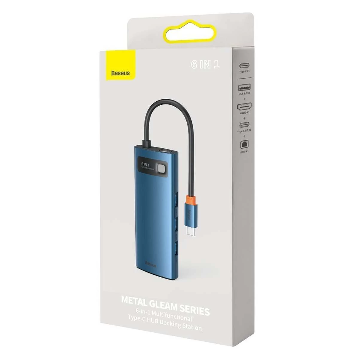 Kép 9/10 - Baseus  Metal Gleam HUB, 6-in-1 multifunkciós, (USB-C- 3x USB 3.2, PD 100W / HDMI 4K 30Hz / RJ45 1Gb