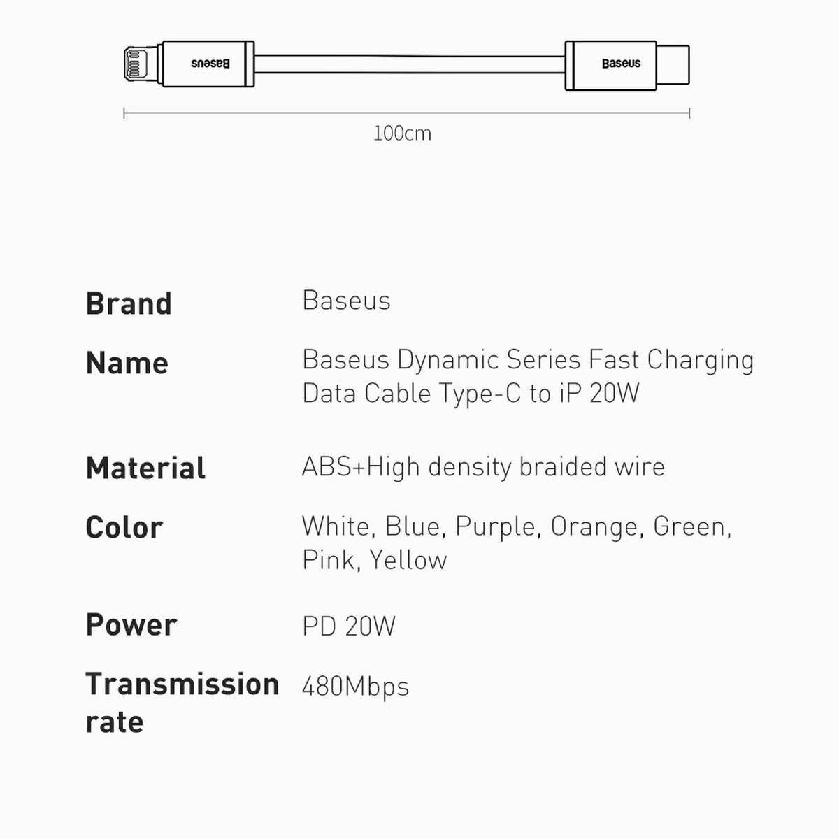 Kép 7/9 - Baseus Dynamic USB Type-C - Lightning adat- és töltőkábel, Power Delivery 20W, 1m, fehér (CALD000002)