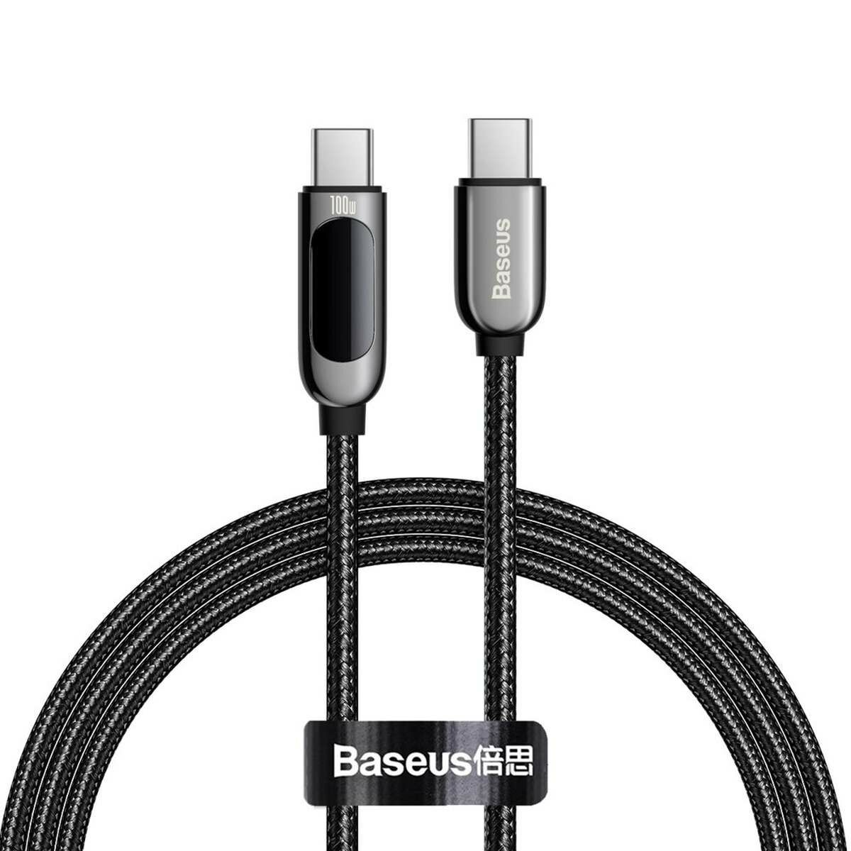 Baseus USB-C - USB-C adat- éd töltőkábel digitális kijelzővel, Power Delivery 100W, 1m, fekete (CATSK-B01)