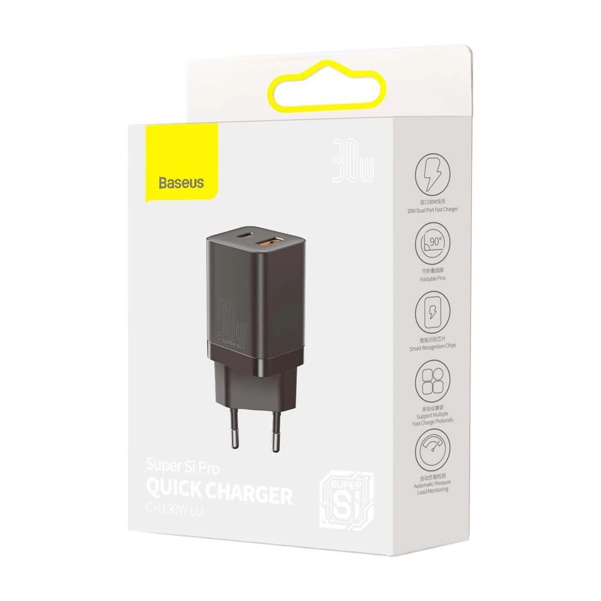 Kép 9/10 - Baseus Super Si Pro mini hálózati gyorstöltő, C+U, PD 3.0, QC 3.0, 30W fekete EU (CCSUPP-E01)