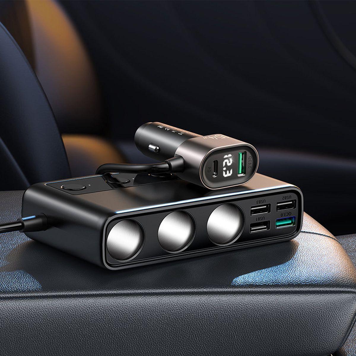 Kép 8/9 - Joyroom 9-in-1autós szivargyújtós töltő, USB Type-C+ 5xUSB+ 3x szivargyújtó elosztó, 154W, fekete (JR-CL06)