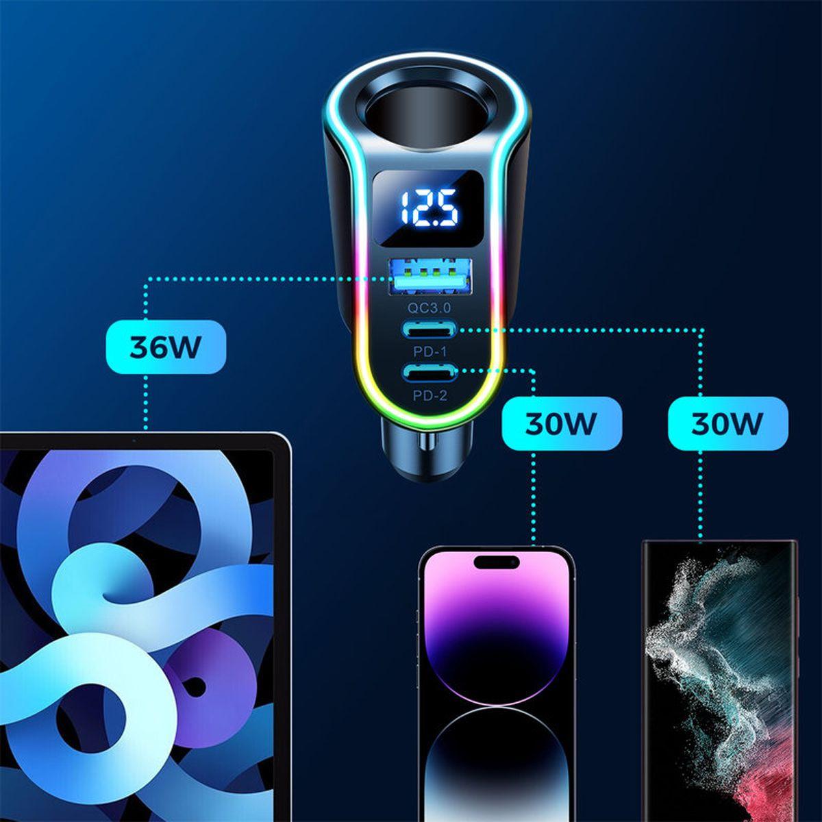 Kép 9/11 - Joyroom 4-in-1 autós szivargyújtós töltő, Fm Transmitter 2xUSB Typ-C+1xUSB, 150W, fekete (JR-CL21)