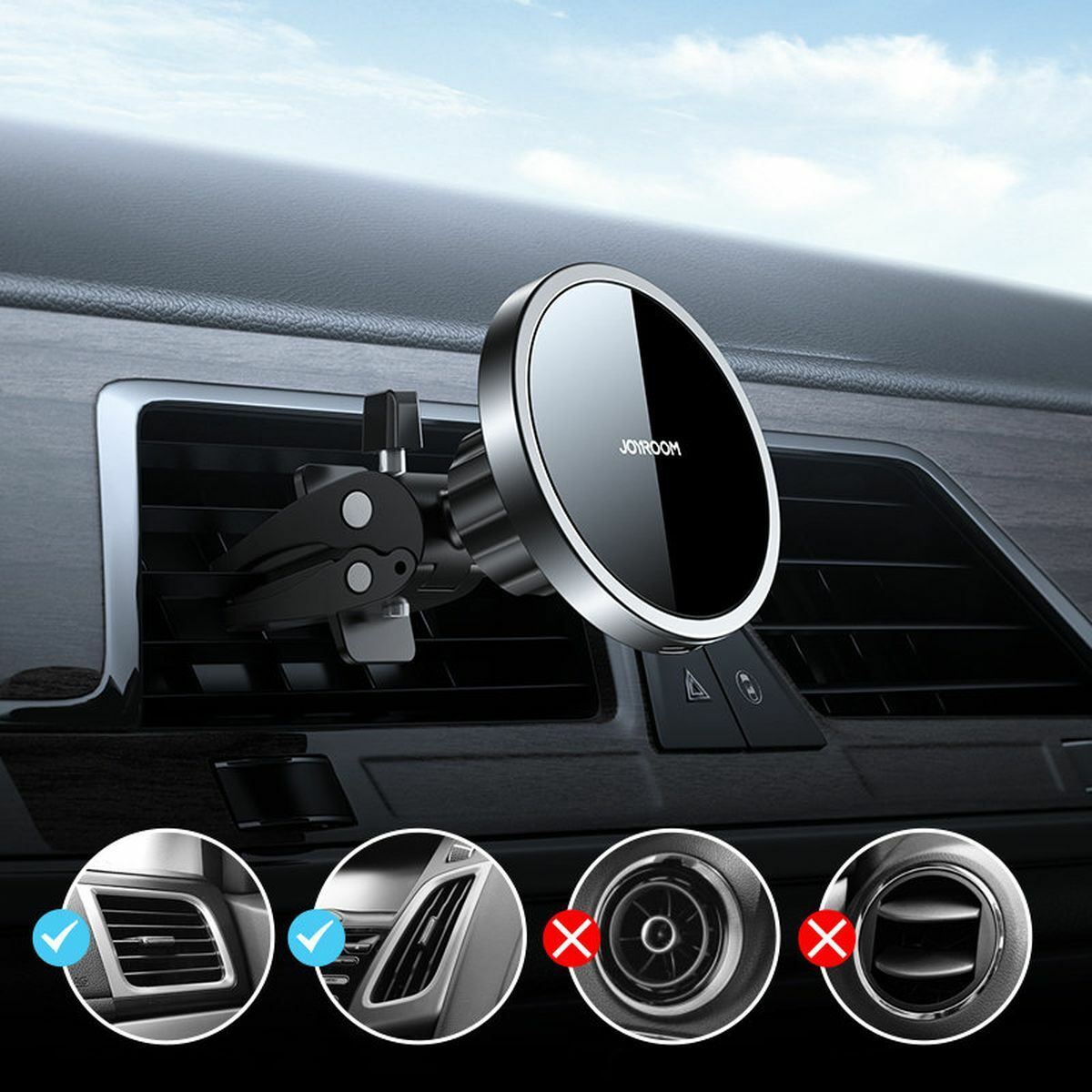 Kép 13/14 - Joyroom szellőzőrácsra szerelhető autós tartó MagSafe funkcióval, 4.7 - 6.5 ", 15W, fekete (JR-ZS240-AIR)