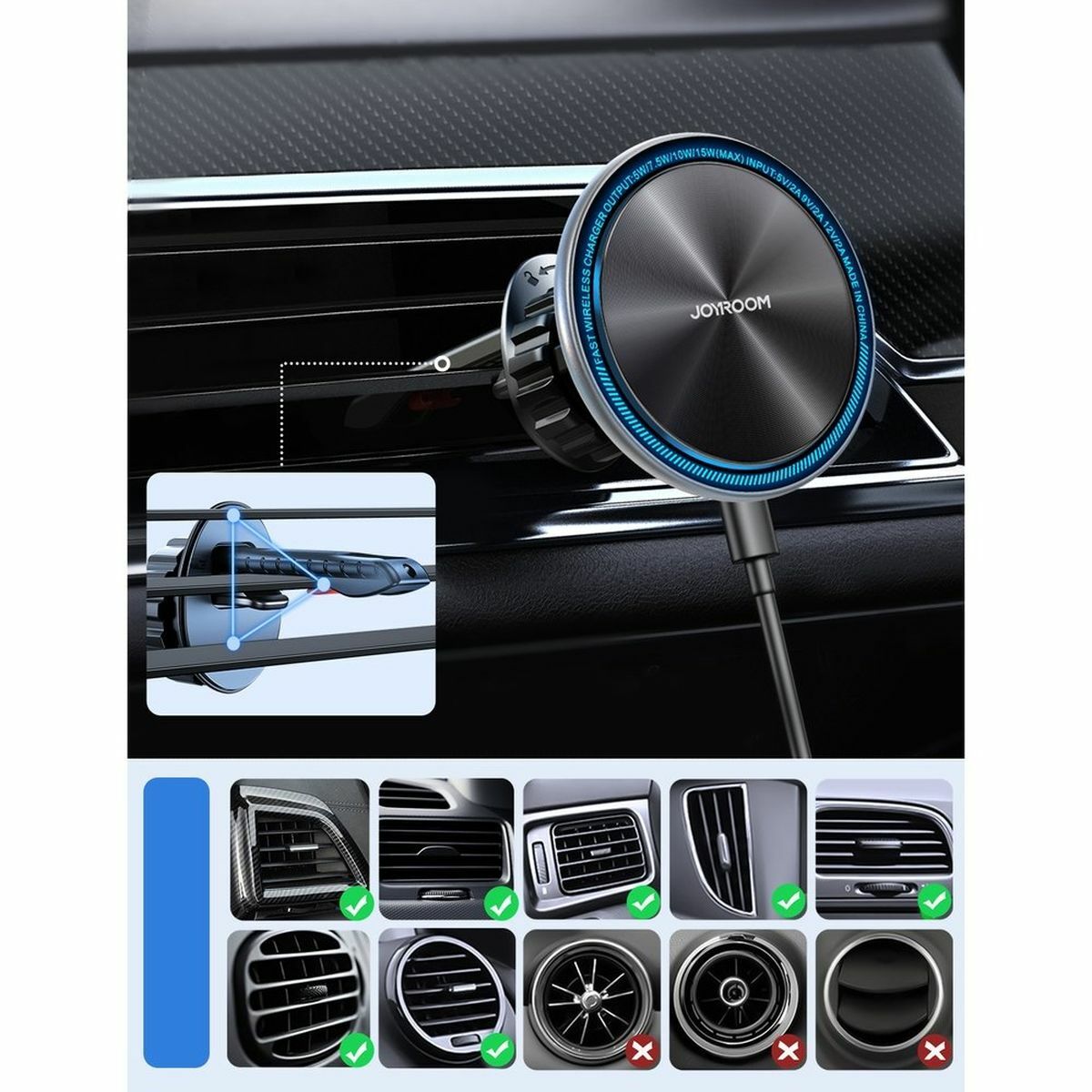 Kép 6/12 - Joyroom szellőzőrácsra szerelhető autós tartó MagSafe funkcióval, 15W, fekete (JR-ZS290)
