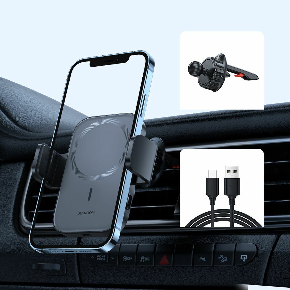 Kép 9/14 - Joyroom szellőzőrácsra szerelhető autós tartó MagSafe funkcióval,15W, fekete (JR-ZS295-AIR)