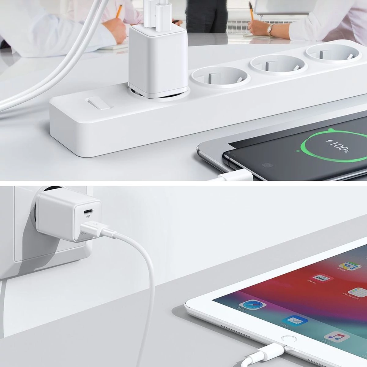 Kép 4/8 - Joyroom  hálózati töltő USB Type-C + USB, QC 3.0, PD 3.0, AFC, FCP, 30W, EU, fehér (L-QP303)