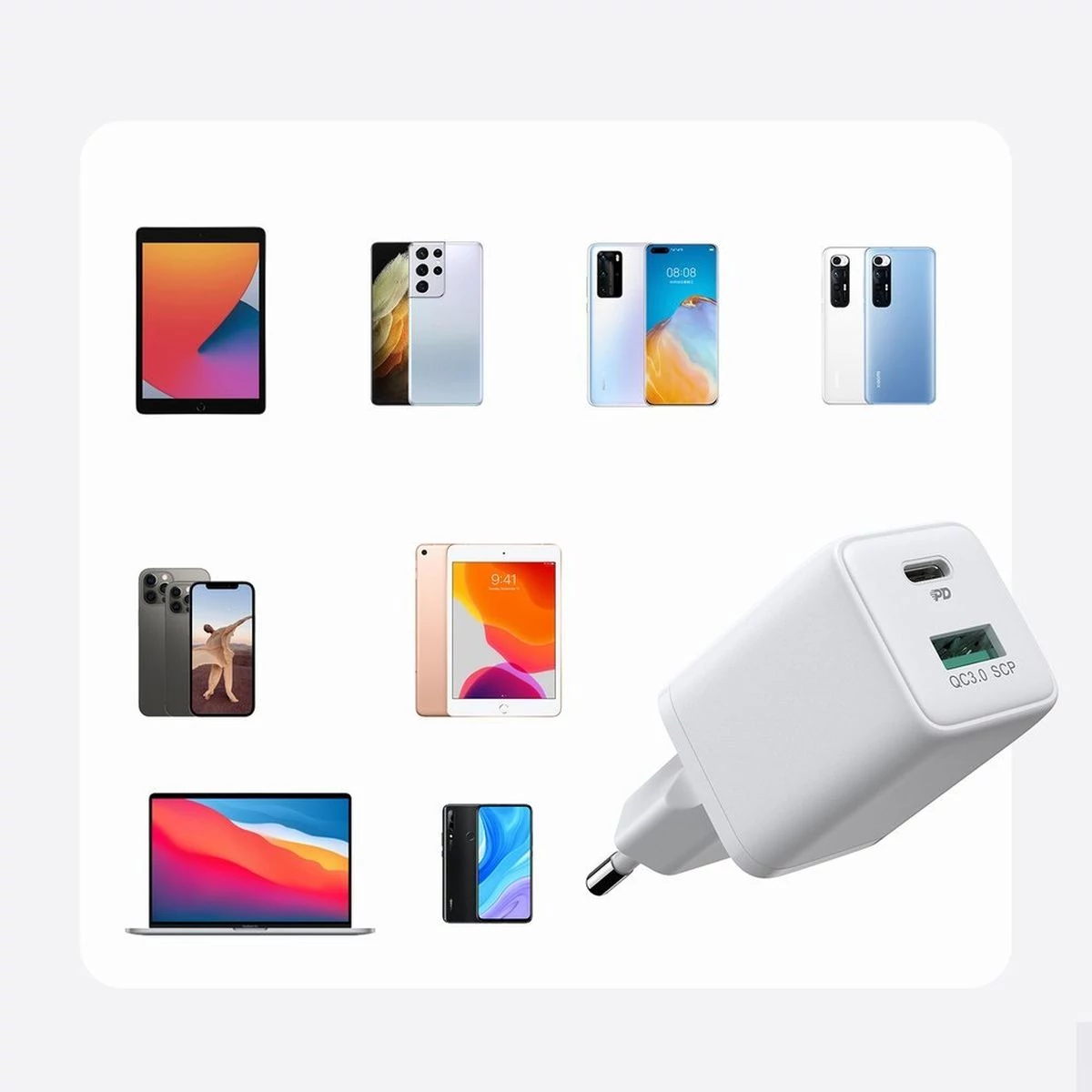 Kép 5/8 - Joyroom  hálózati töltő USB Type-C + USB, QC 3.0, PD 3.0, AFC, FCP, 30W, EU, fehér (L-QP303)