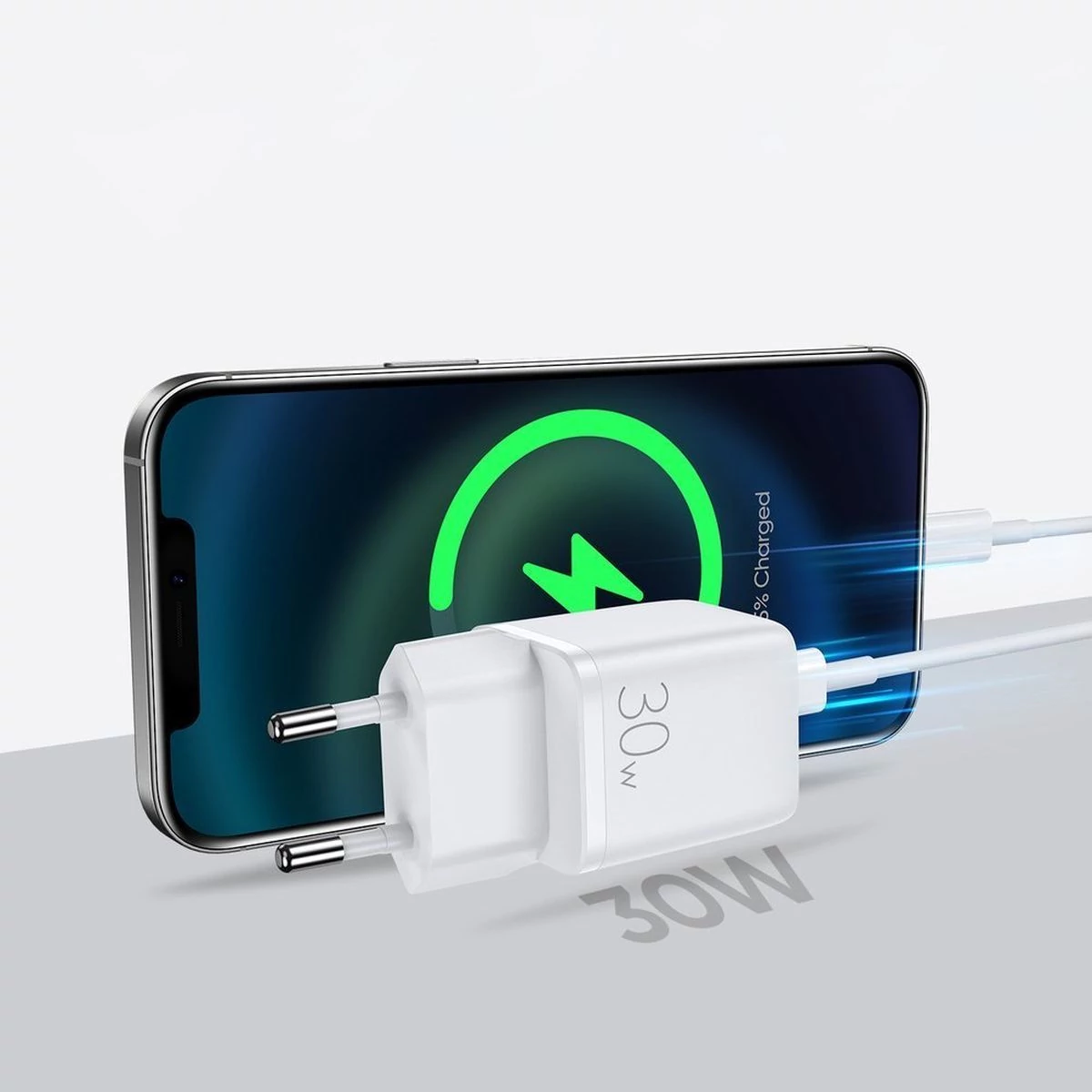 Kép 7/8 - Joyroom  hálózati töltő USB Type-C + USB, QC 3.0, PD 3.0, AFC, FCP, 30W, EU, fehér (L-QP303)