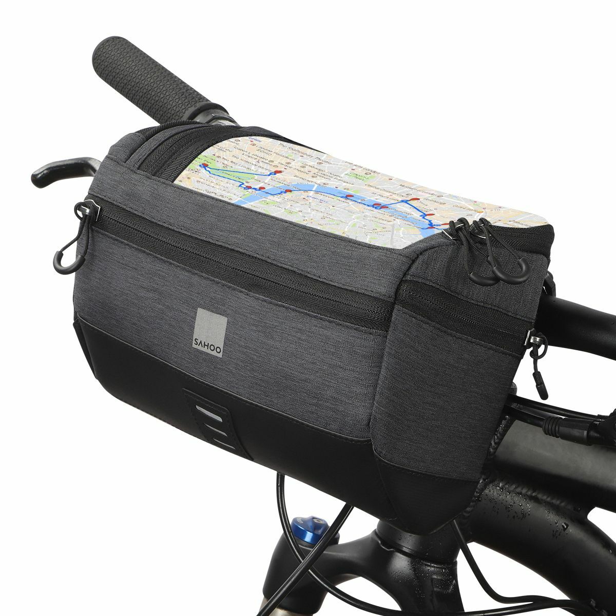 Kép 1/5 - SAHOO kormányra szerelhető, vízálló kerékpáros táska, térképtartó ablakkal, vízálló, 2L, fekete SAHOO-111459-SA