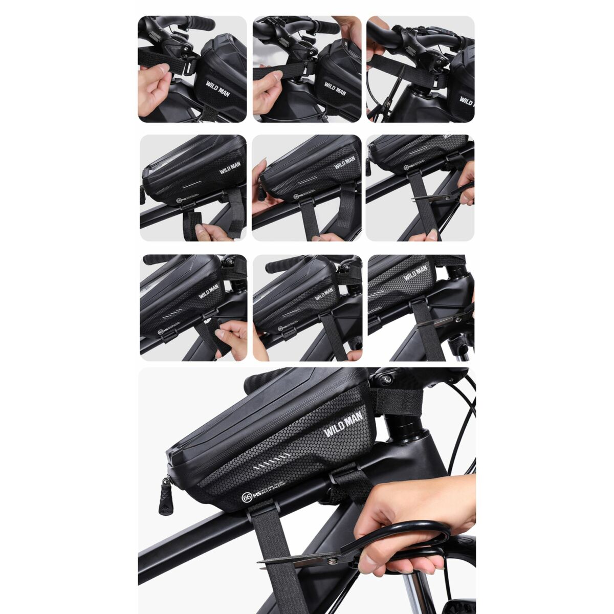 Kép 9/9 - WILDMAN Bicycle Bag MS66 vázra szerelhető, vízálló, merevfalú kerékpáros táska telefontartóval, 4.7-6.7", 1L, fekete WILDMAN-MS66-1L