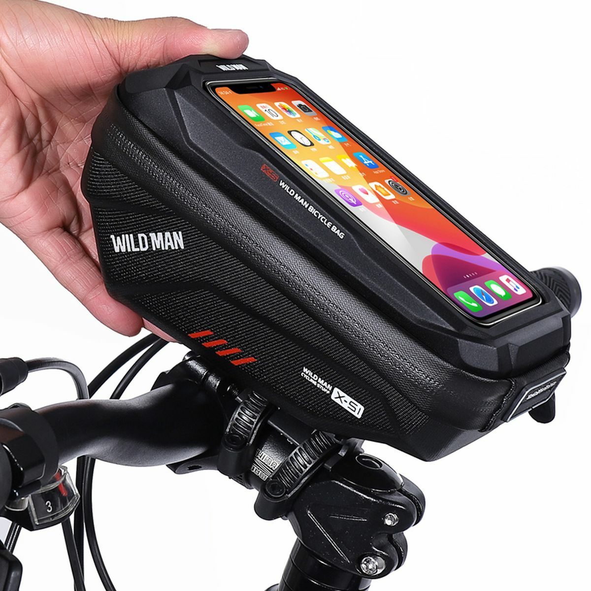 Kép 4/6 - WILDMAN Bicycle Bag XS1 kormányra szerelhető, vízálló, merevfalú kerékpáros táska telefontartóval  4.8", 1L, fekete WILDMAN-XS1-1L
