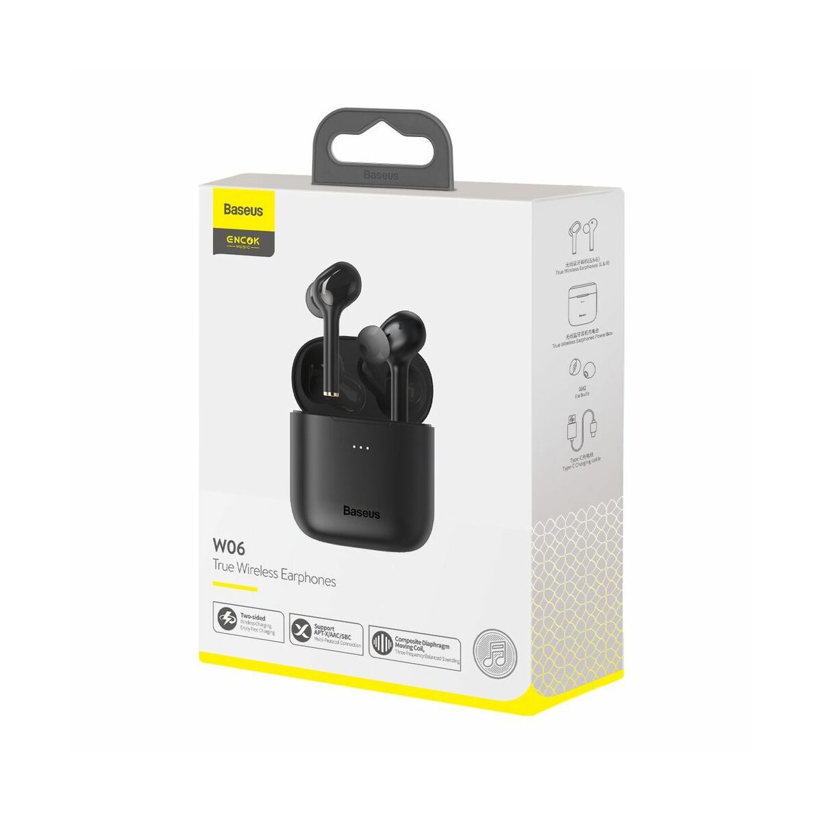 Baseus fülhallgató, Bluetooth Encok W06, True Wireless, vezeték nélküli, BT 5.0 TWS, 5 óra zeneidő, fekete (NGW06-01)