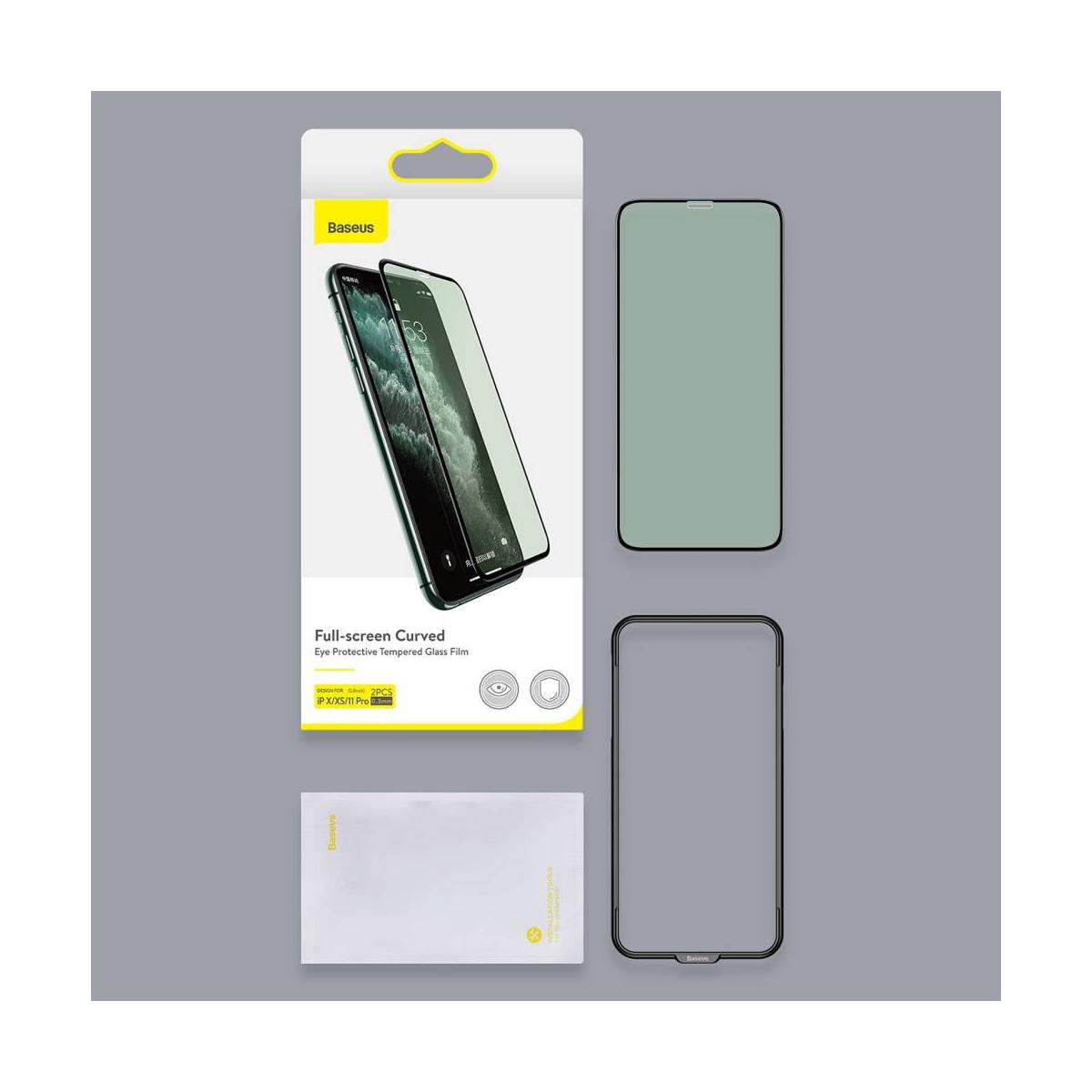 Baseus iPhone 11 0.3 mm, teljes felületre, lekerekített, ívelt edzett üveg, szem kímélő felület (2db+keret), fekete (SGAPIPH61S-IA01)