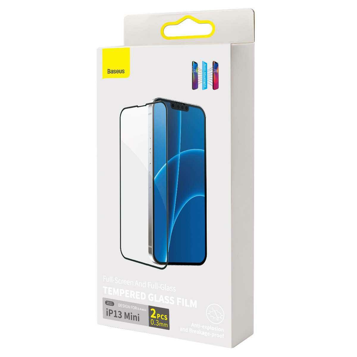 Kép 1/16 - Baseus iPhone 13 mini 0.3 mm Teljes kijelzős, Teljes üveg, Anti-blue light, Edzett üveg (2db/csomag + felhelyező keret), fekete (SGQP010301)