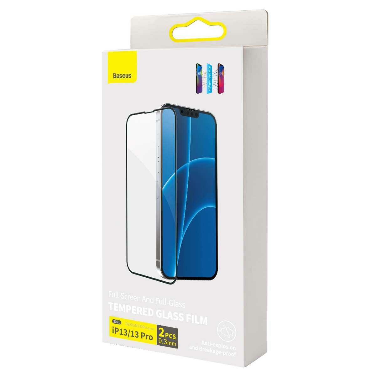 Kép 1/16 - Baseus iPhone 13/13 Pro 0.3 mm Teljes kijelzős, Teljes üveg, Anti-blue light, Edzett üveg (2db/csomag+felhelyező keret), fekete (SGQP010401)