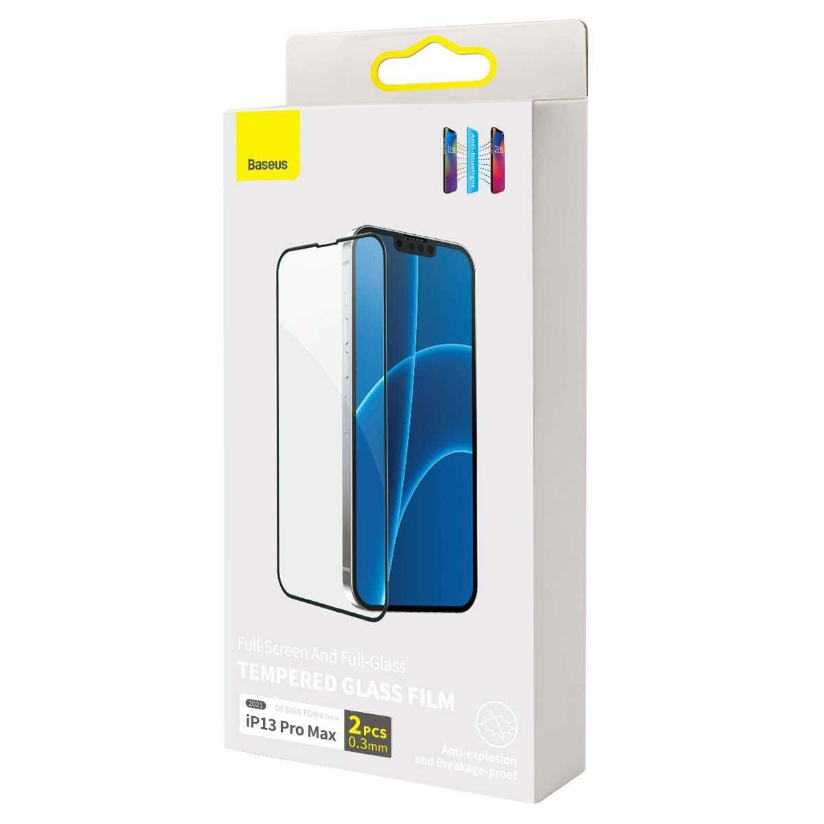 Kép 1/16 - Baseus iPhone 13 Pro Max 0.3 mm Teljes kijelzős, Teljes üveg, Anti-blue light Edzett üveg (2db/csomag+felhelyező keret), fekete (SGQP010501)