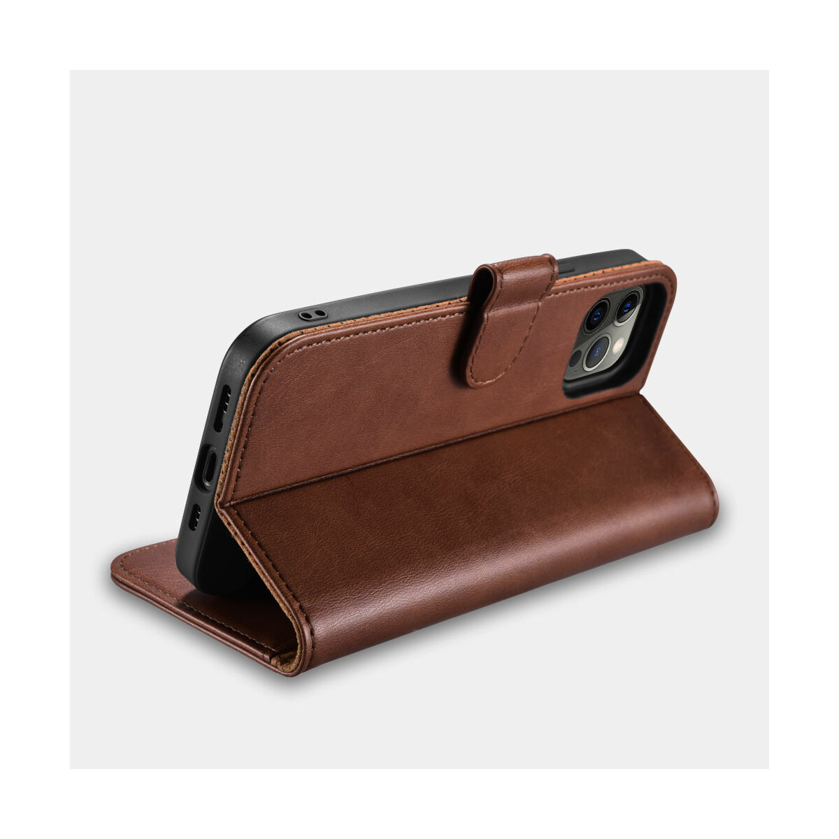 iCarer iPhone 12/12 Pro (6.1) tok, Classic PU Leather, oldalra nyíló, kártyatartó funkcióval, barna