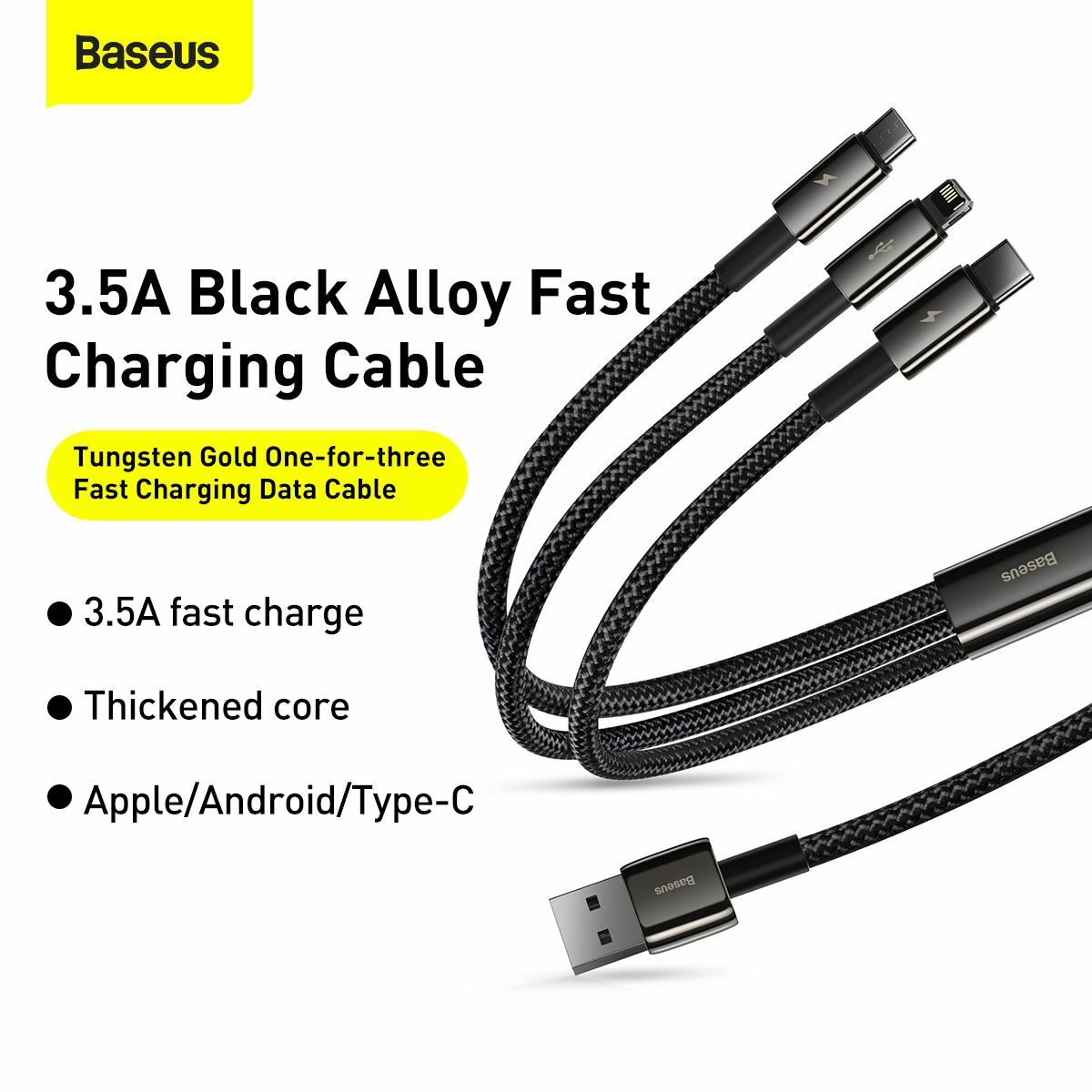 Kép 13/14 - Baseus Univerzális kábel, Tungsten 3-in-1 USB töltőhöz (Type C / Lightning / micro USB) 3.5A 1.5m, fekete (CAMLTWJ-01)