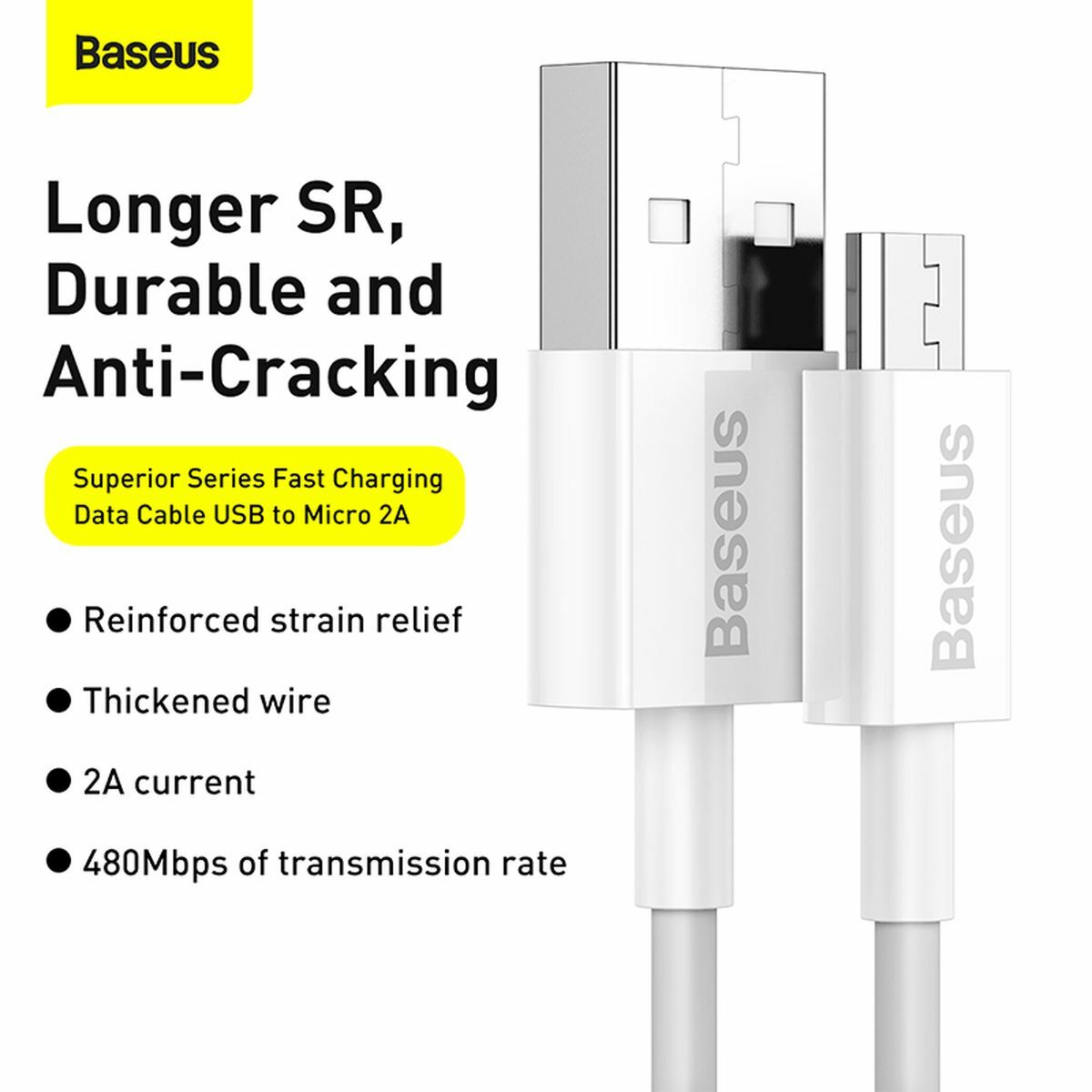 Kép 11/15 - Baseus Micro USB kábel, Superior, gyors töltő kábel, 2A, 1m, fehér (CAMYS-02)