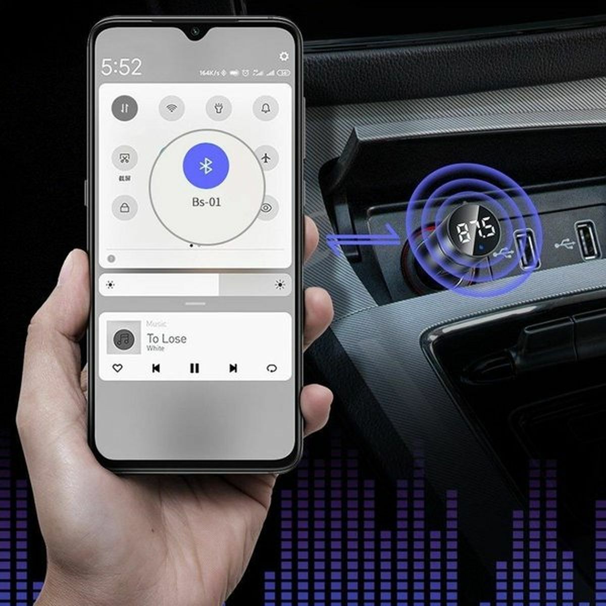 Kép 10/12 - Baseus autós töltő, Bluetooth FM Transmiter BT 5.0, PPS, QC3.0, AFC, FCP, 2xUSB, 18W, szürke (CCNLZ-D0G)