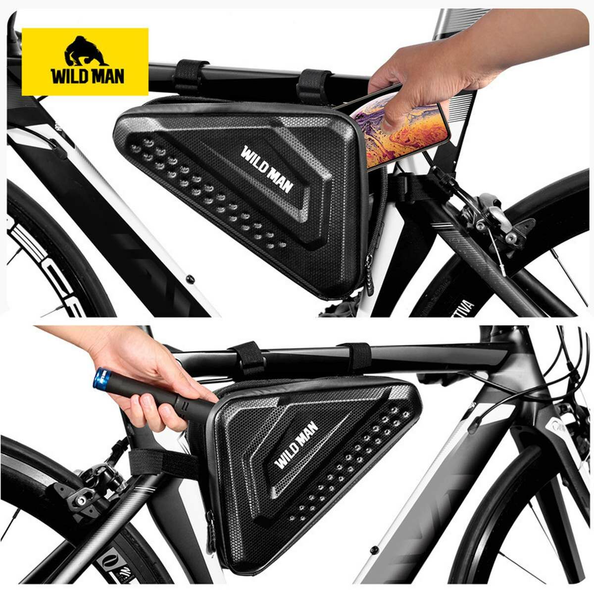 Kép 10/10 - WILDMAN kerékpár táska ES19, 3L, több funkciós, vízálló, középső vázra szerelhető, háromszög alakú, tárolótáska, fekete