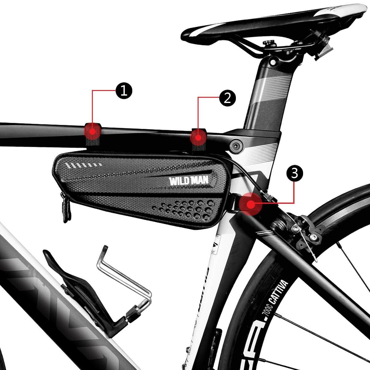 Kép 3/6 - WILDMAN kerékpár táska ES4, 1.2L, több funkciós, vízálló, középső vázra szerelhető, tárolótáska, fekete