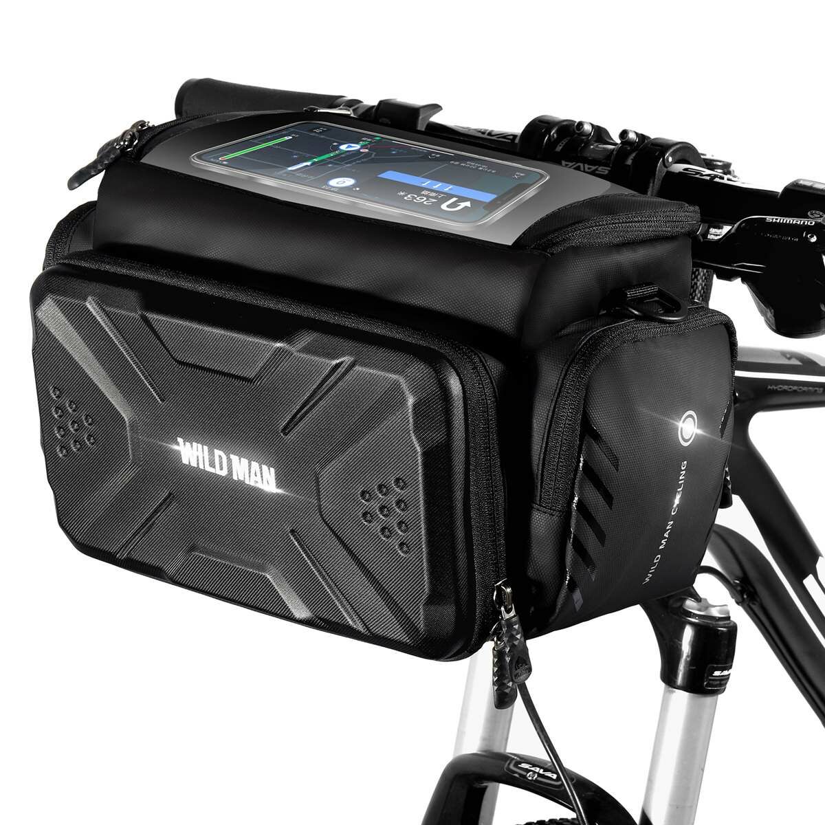 Kép 2/5 - WILDMAN kerékpár táska GS6, 4L, több funkciós, vízálló, kormányra szerelhető, érintő kijelző, tárolótáska, fekete