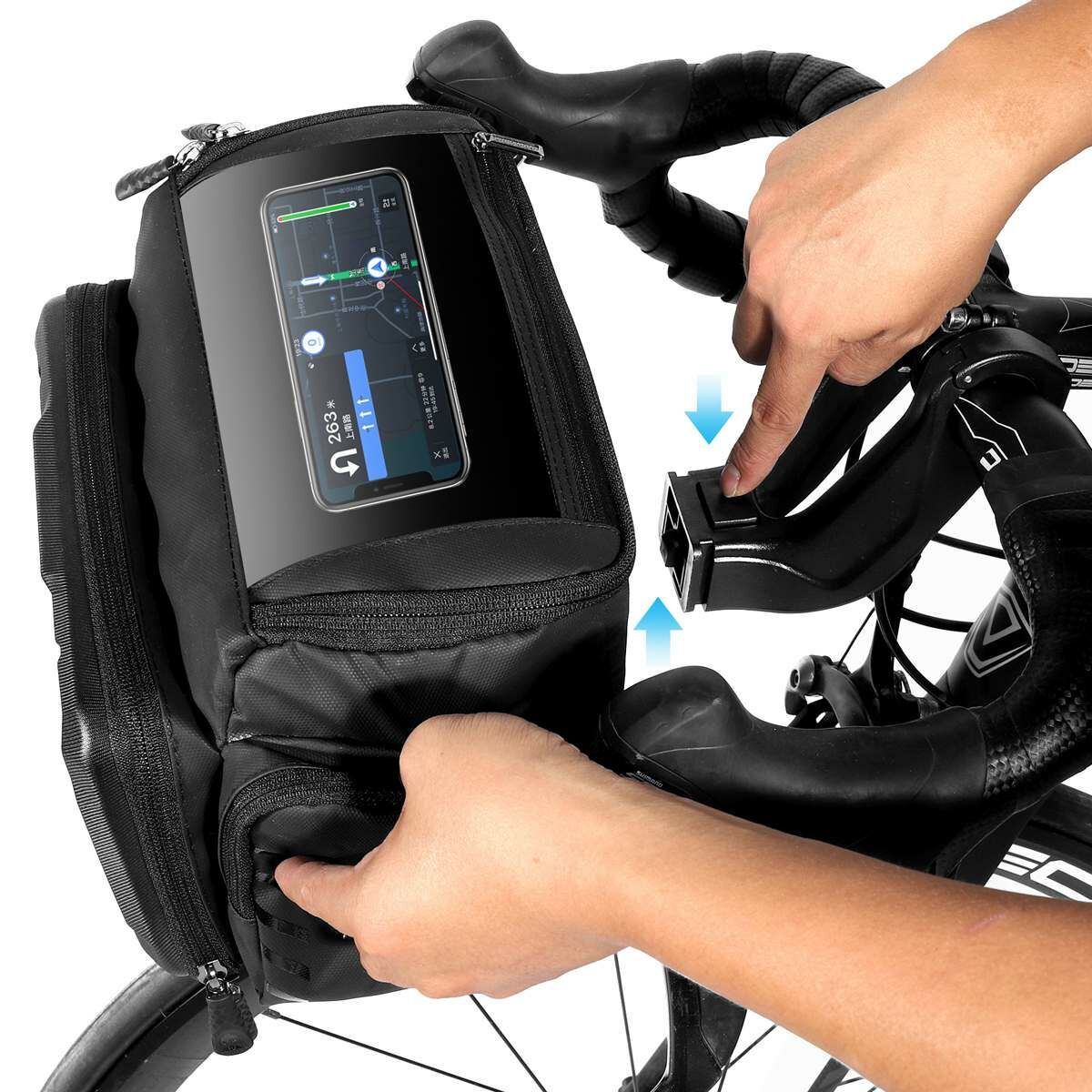Kép 4/5 - WILDMAN kerékpár táska GS6, 4L, több funkciós, vízálló, kormányra szerelhető, érintő kijelző, tárolótáska, fekete