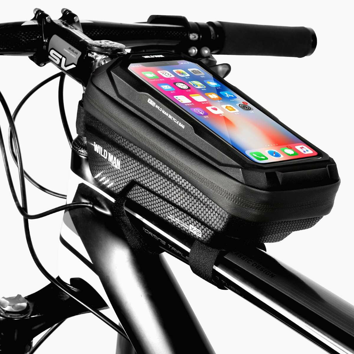 Kép 3/15 - WILDMAN kerékpár táska X2, 1L, több funkciós, vízálló, középső vázra szerelhető, érintő kijelző, max. 6.7 inch, fekete