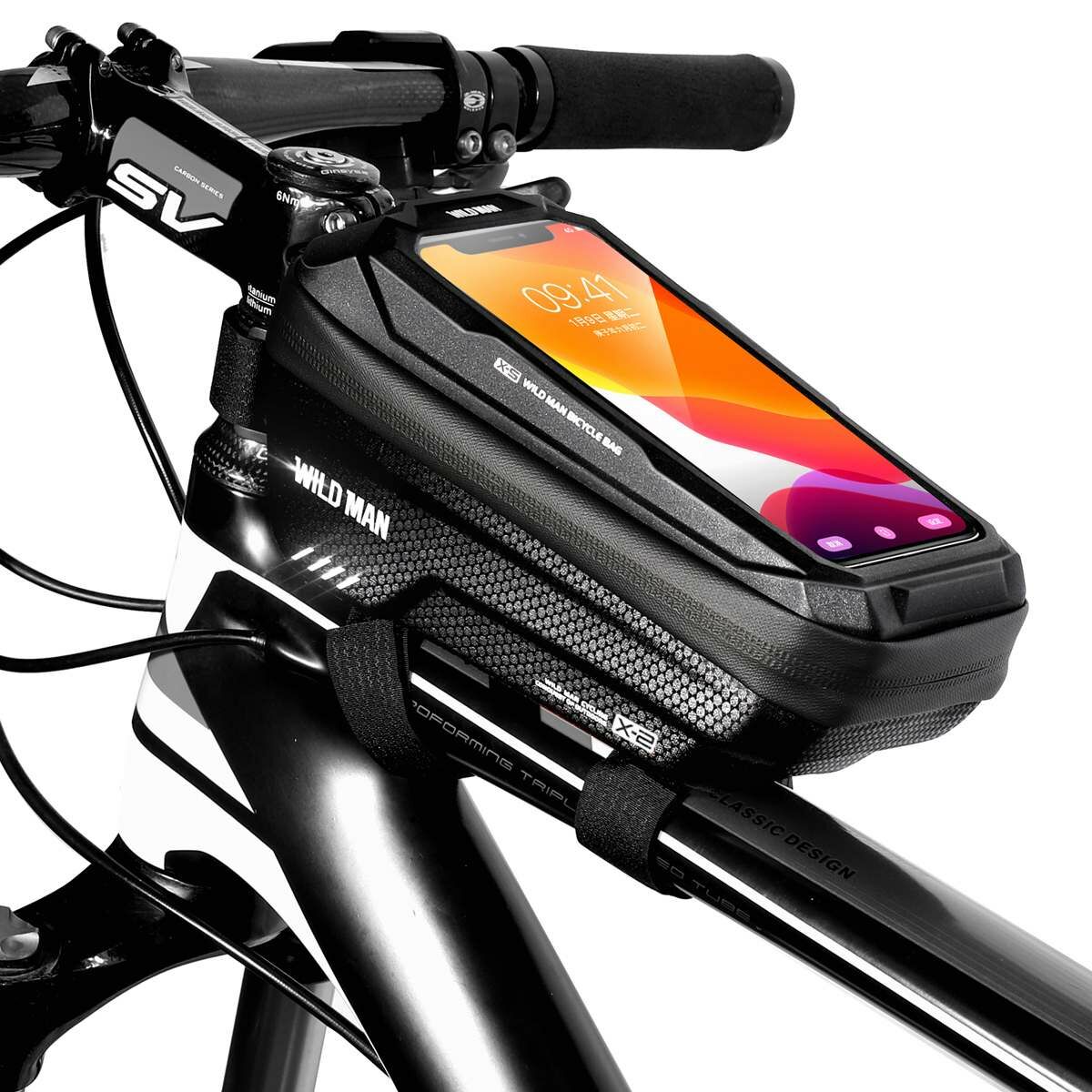 Kép 4/15 - WILDMAN kerékpár táska X2, 1L, több funkciós, vízálló, középső vázra szerelhető, érintő kijelző, max. 6.7 inch, fekete