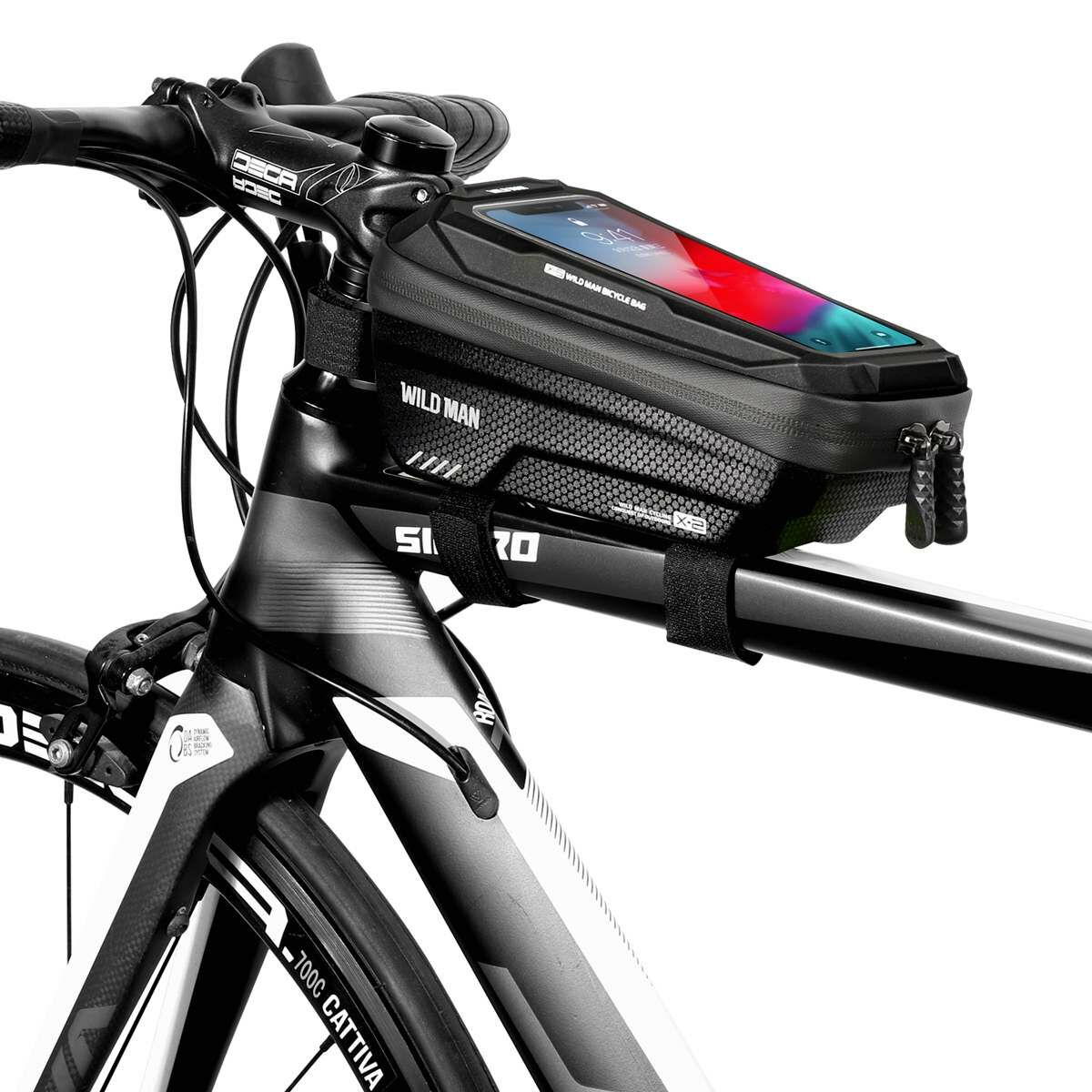Kép 11/15 - WILDMAN kerékpár táska X2, 1L, több funkciós, vízálló, középső vázra szerelhető, érintő kijelző, max. 6.7 inch, fekete