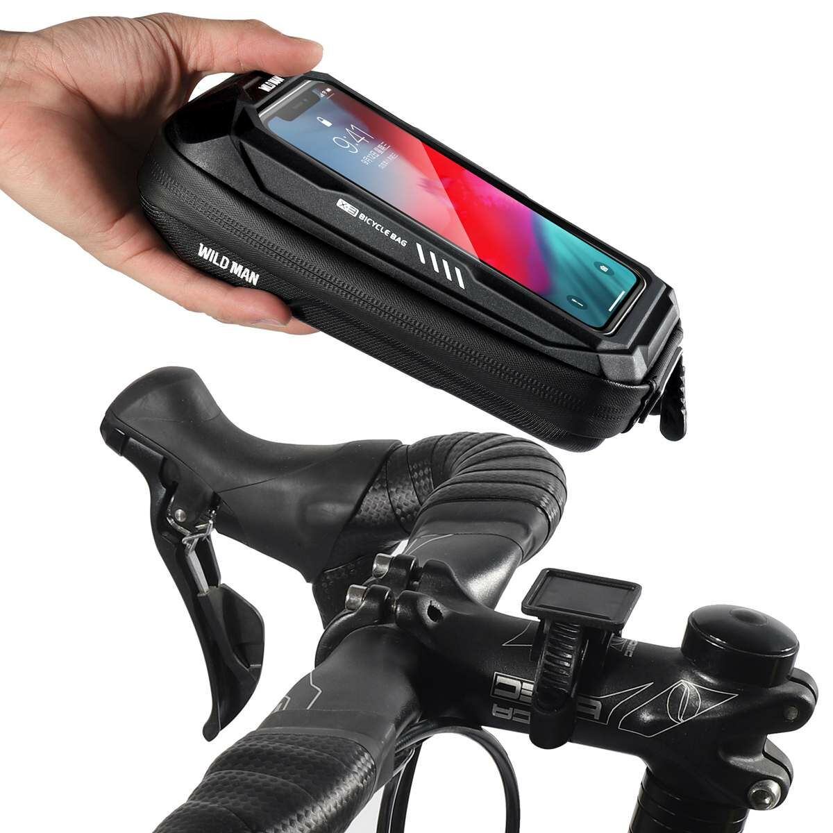 Kép 12/16 - WILDMAN kerékpár táska X3, 0.5L, több funkciós, vízálló, kormányra szerelhető, érintő kijelző, max. 6.7 inch, fekete
