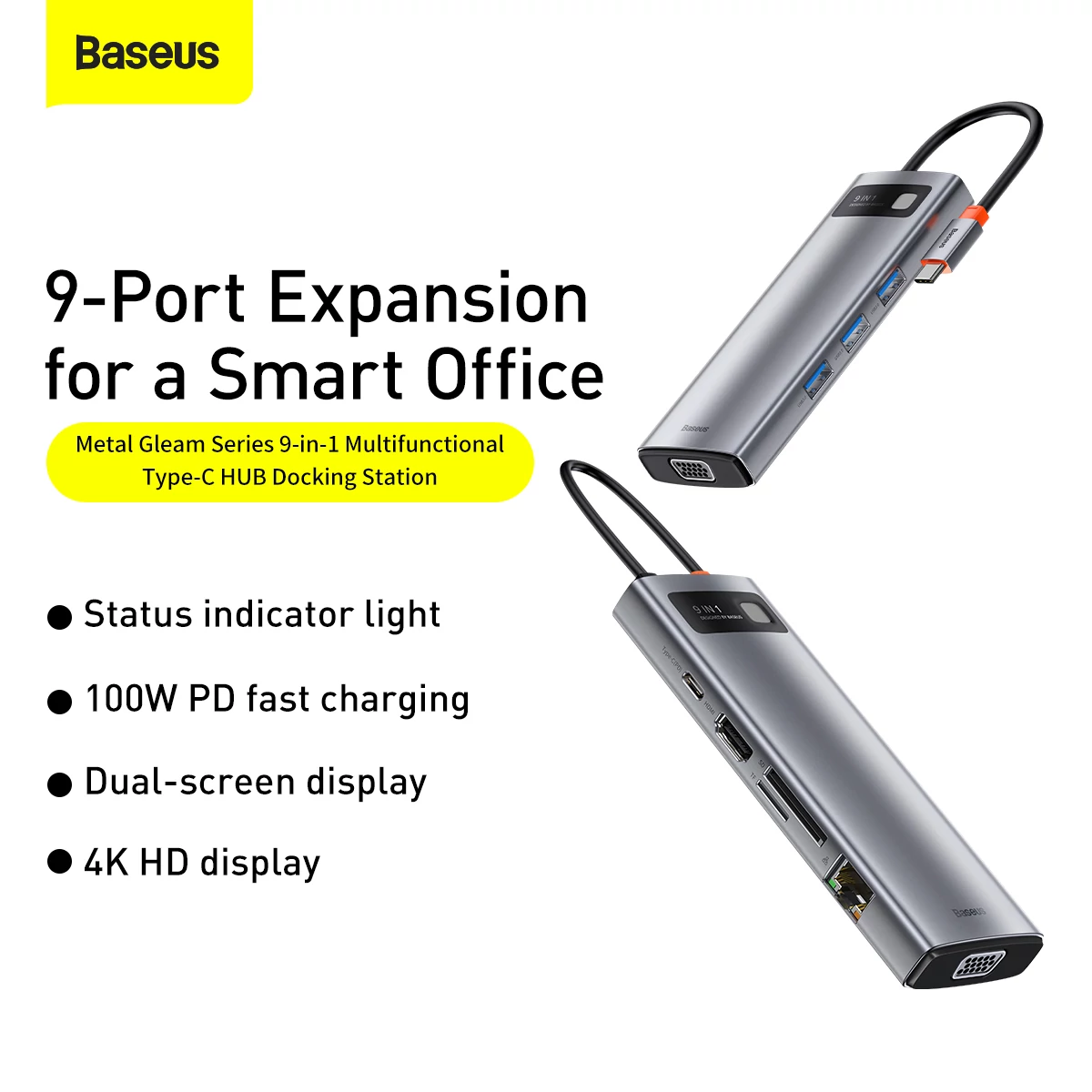 Kép 10/16 - Baseus HUB Metal Gleam Series 9-in-1 Multifunkciós (Type-C to 3x USB3.2/PD 100W/VGA Full HD 60Hz/HDM