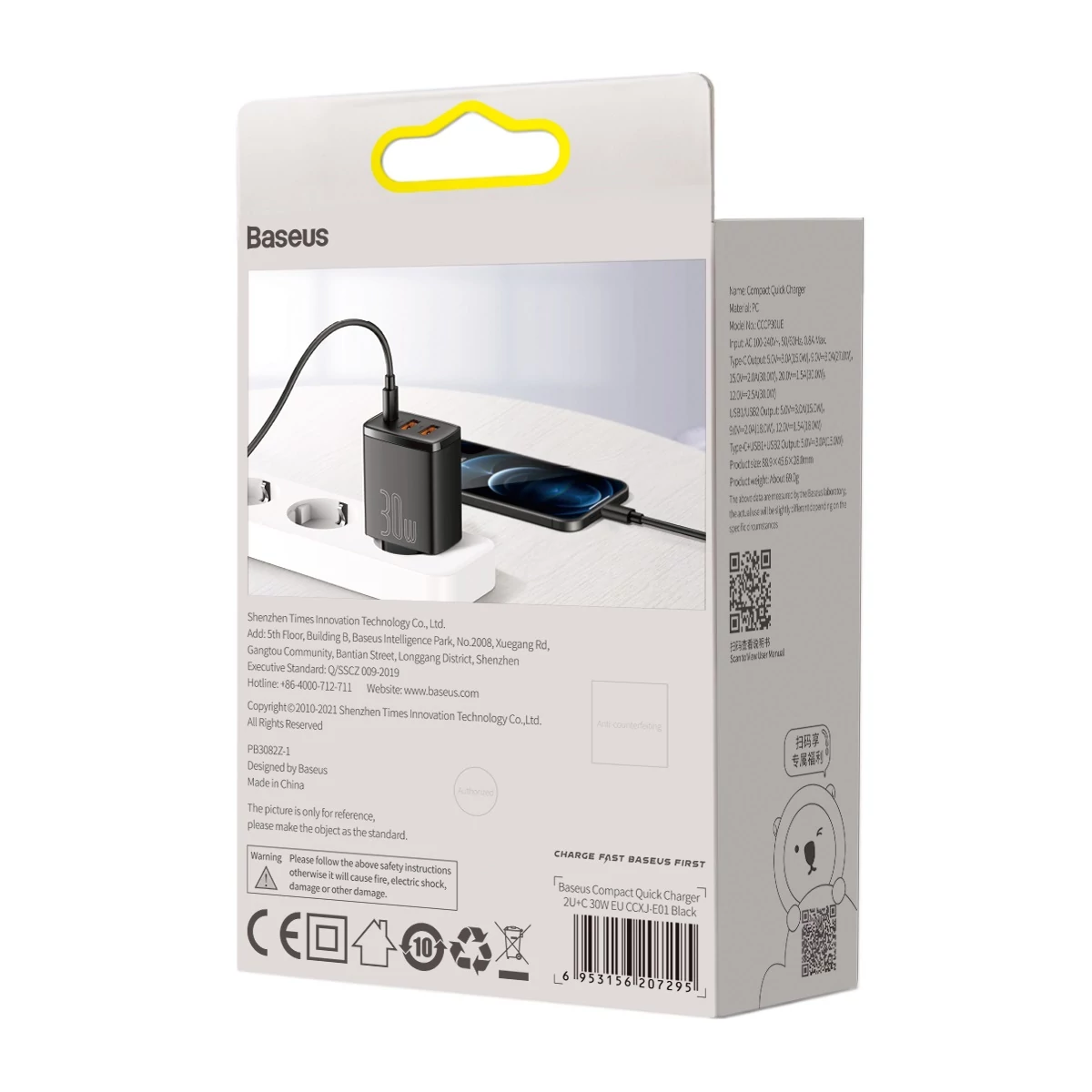 Kép 2/15 - Baseus hálózati töltő, Compact Gyors töltő U+U+C PD3.0, QC 3.0, 30W, EU, fekete (CCXJ-E01)