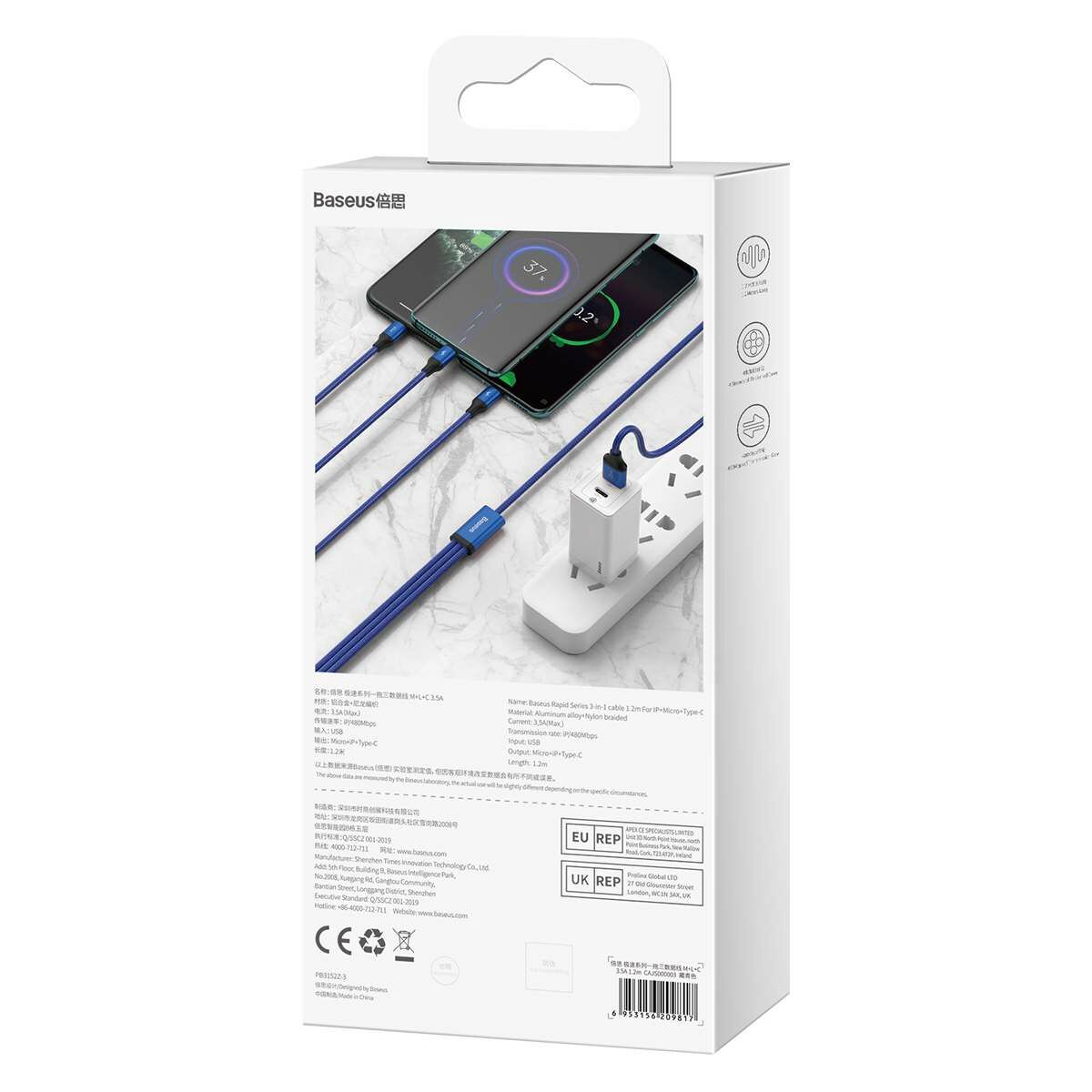 Kép 2/17 - Baseus Univerzális kábel, Rapid 3-in-1, USB - Type-C / Lightning / micro USB, 1.2m, kék (CAJS000003)
