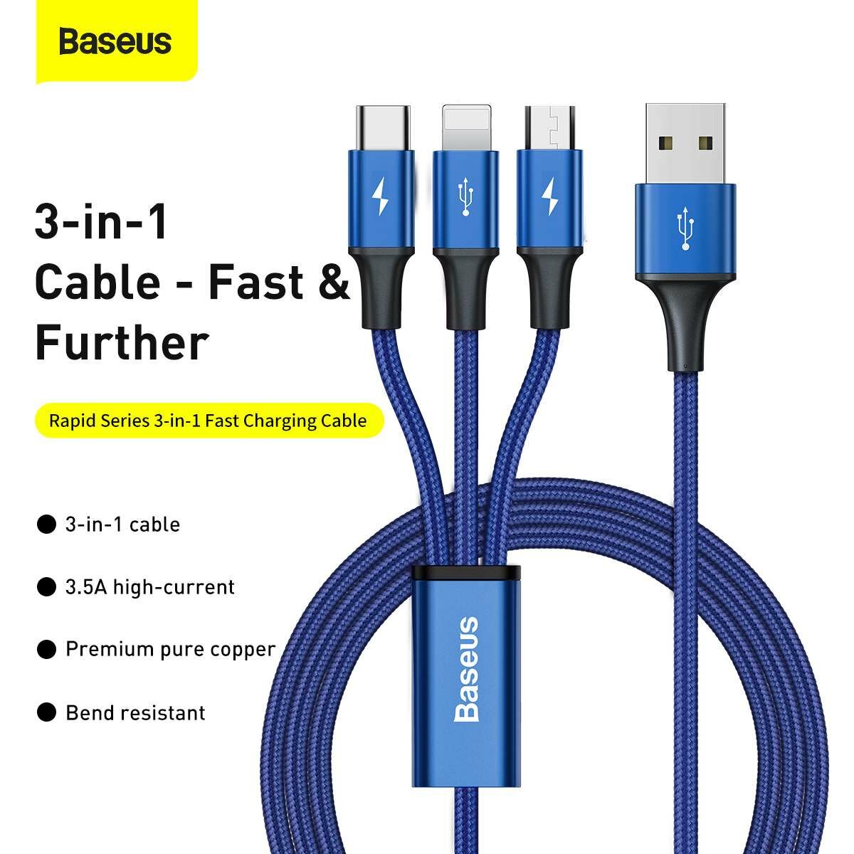 Kép 5/17 - Baseus Univerzális kábel, Rapid 3-in-1, USB - Type-C / Lightning / micro USB, 1.2m, kék (CAJS000003)
