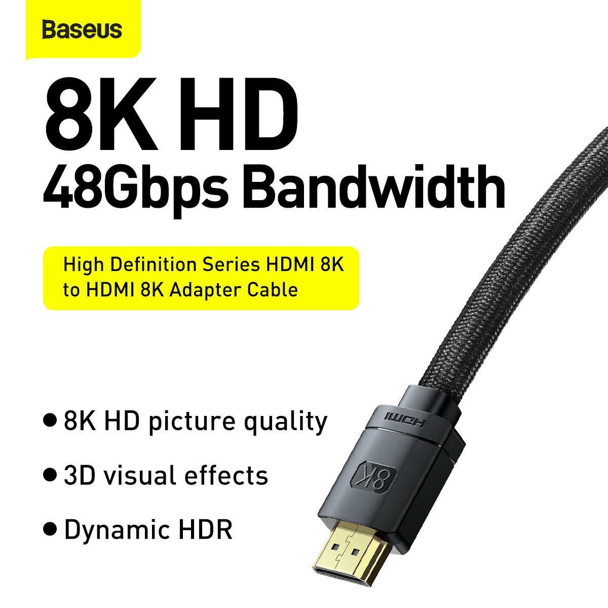 Kép 6/16 - Baseus Videó kábel, High definition sorozat HDMI - HDMI 2.1, 8K 60Hz, 4K 120Hz, 2K 144 Hz, 3D eARC QMS Dynamic HDR VRR ALLM, 3m, fekete (CAKGQ-L01)