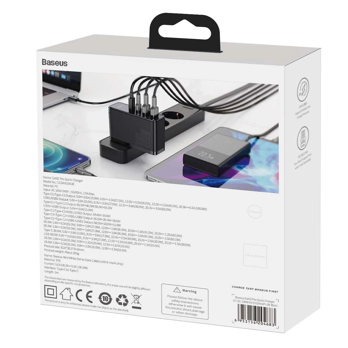 Kép 2/19 - Baseus hálózati töltő, GaN2 Pro gyorstöltő, C+C+U+U, PD 3.0, gyorstöltő 4.0, 100W, fekete (CCGAN2P